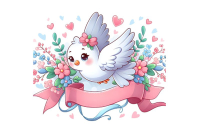 sweet Dove flying with ribbons and flowers,