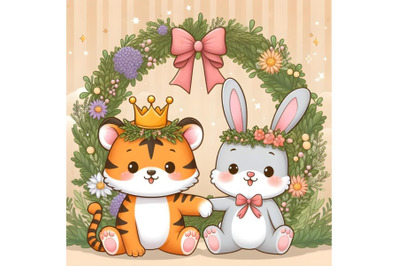 sweet baby tiger and rabbit with background tree