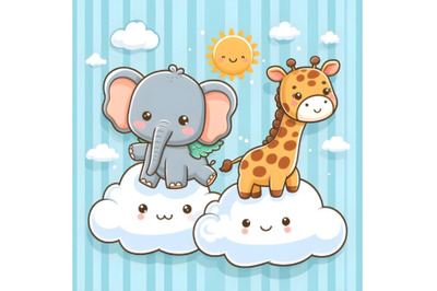 Cute elephant and giraffe are flying on the cloud