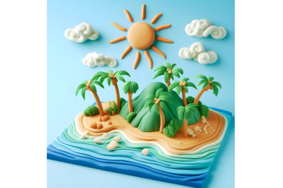 Plasticine island, palm trees, sun, sea