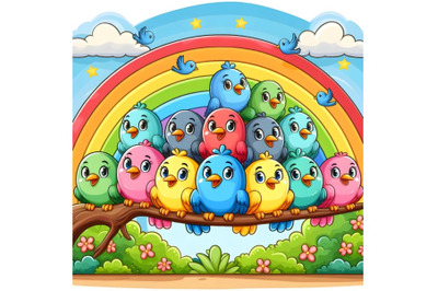 Many bird on the tree branch with rainbow scene