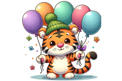 little tiger holding colored balloons