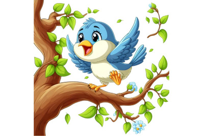 Happy bird flying to branch of tree