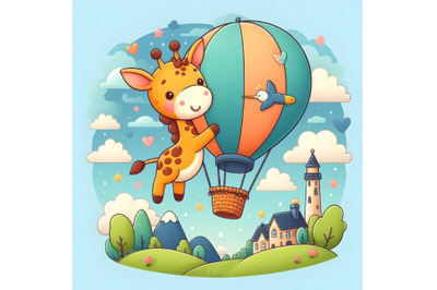 Cute Giraffe is flying on a hot air balloon