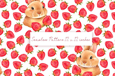 Bunny strawberry seamless pattern | Rabbit digital paper