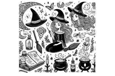 beautiful witch Hand drawn doodle and cartoon illustration