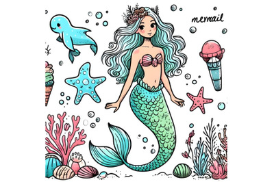 beautiful mermaid Hand drawn doodle