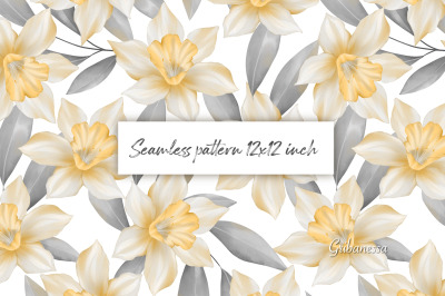 Yellow daffodils flowers| Seamless floral pattern