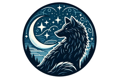 Silhouette of wolf with crescent moon and stars