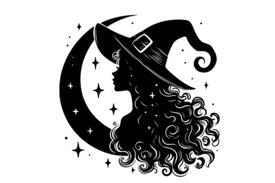 Silhouette of beautiful curly witch girl in pointy hat with crescent m