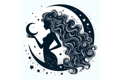 Silhouette of beautiful curly haired mermaid crescent moon and stars