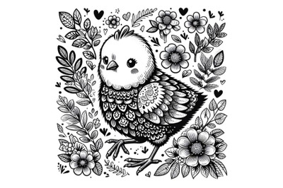 Monochrome floral print of chick