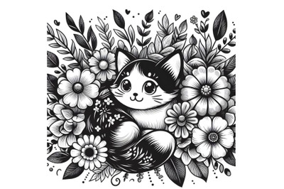 Monochrome floral print of cat