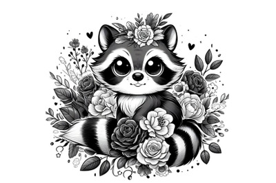 Monochrome floral print of baby racoon