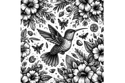 Hand drawn monochrome version of seamless pattern with humming bird