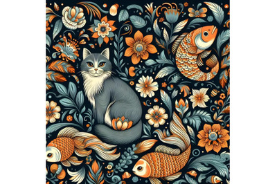 Floral pattern of the cats and fish