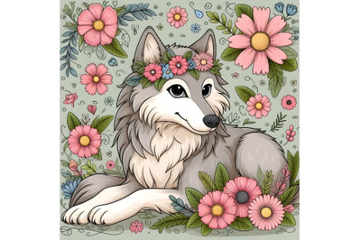 beautiful wolf with floral background