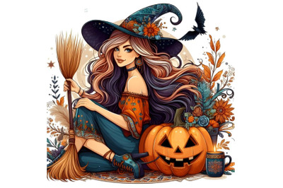 Beautiful witch with broom and pumpkin