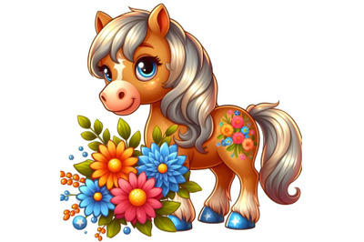 Cartoon Horse with flowers on a white background