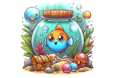 Cartoon fish in a fish bowl