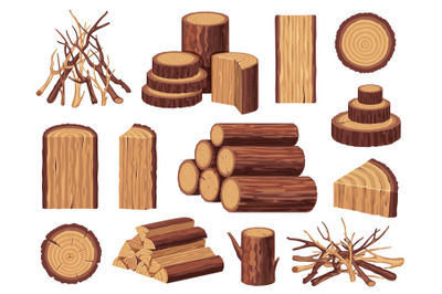 Cartoon firewood. Pile of cut wooden logs, firewood bundle for campfir