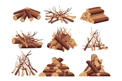 Cartoon wood for campfire. Firewood pile for bonfire, dry branch trunk