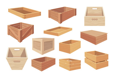 Cartoon wooden containers. Open and closed boxes with packages, wooden