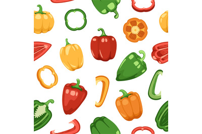 Bell pepper pattern. Seamless print of red green yellow ripe sliced ra