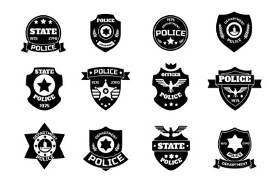 Police black symbol. Cop badge with shield and sheriff star, law enfor