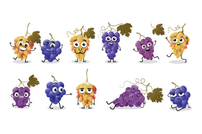Cartoon grape character. Funny bunch of emoticon emotions with differe