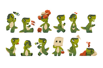 Cute dragon mascot. Funny prehistoric cartoon reptile characters with