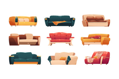 Cartoon couches and sofas. Modern comfortable armchair and sofa for ho