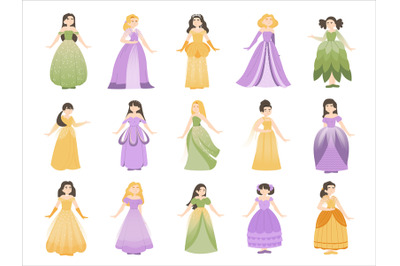 Cute princess character. Cartoon fairy tale medieval girls with differ