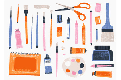 Painting tools and materials. Cartoon artist paintbrushes, pencils, tu