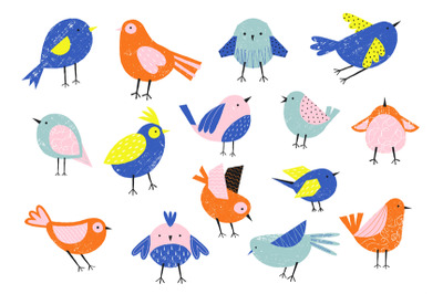 Cute birds. Cartoon colorful sparrow characters, happy flying animals