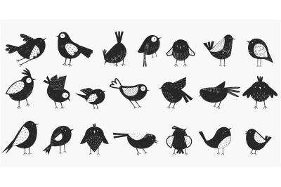 Childish black birds. Cartoon flying baby birds silhouettes, cute blac