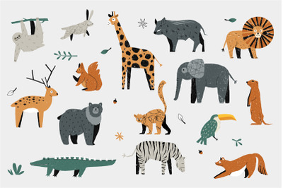 Cute trendy animals. Colorful hand drawn baby zoo wildlife, decorative