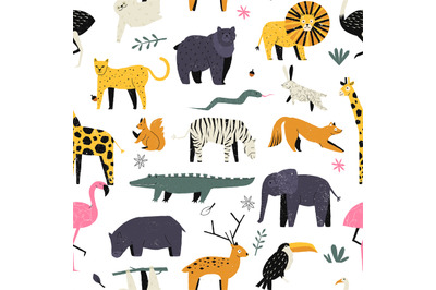 Childish animals pattern. Seamless print with cute cartoon safari anim