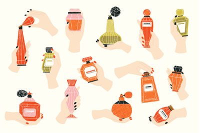 Hands hold perfume. Cartoon woman fingers with bottle of fragrance, fe
