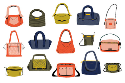 Woman purse. Cartoon girl handbag with different handles, elegant mode