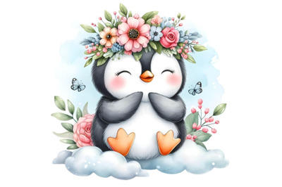 Adorable penguin with a floral crown watercolor illustration on a clou