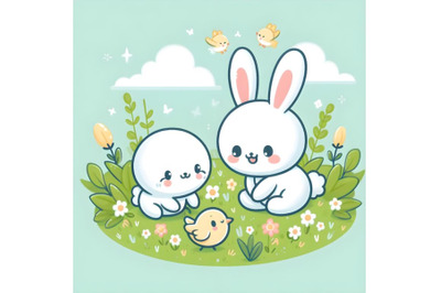 cute white baby bunny character and little small bird playing in grass