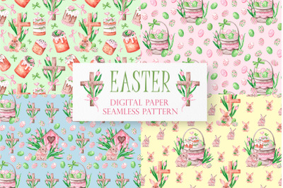 Easter watercolor seamless pattern. Easter cake, egg, rabbit, cross