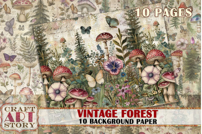 Vintage Background Paper forest mushrooms Printable 10 Pages