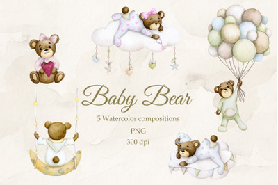 Baby Bear&#039;s Dreams. Set Watercolor PNG