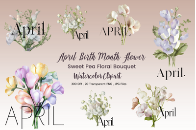 April Birth Month Flower Sweet Pea Watercolor Sublimation