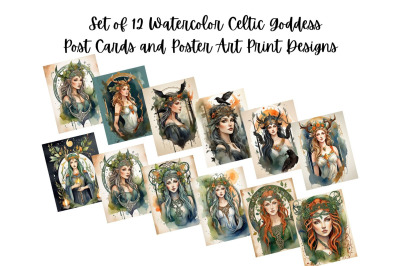 12 Watercolor Celtic Goddess Art Prints and Postcard