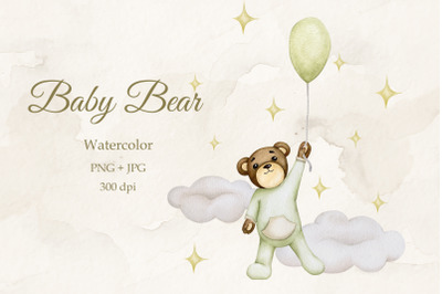 Baby bear in a balloon Watercolor PNG JPG