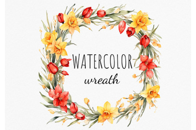 Vintage daffodils and tulips wreath. Easter graphics, Watercolor