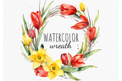 Red tulips spring wreath, Watercolor easter wreath clipart